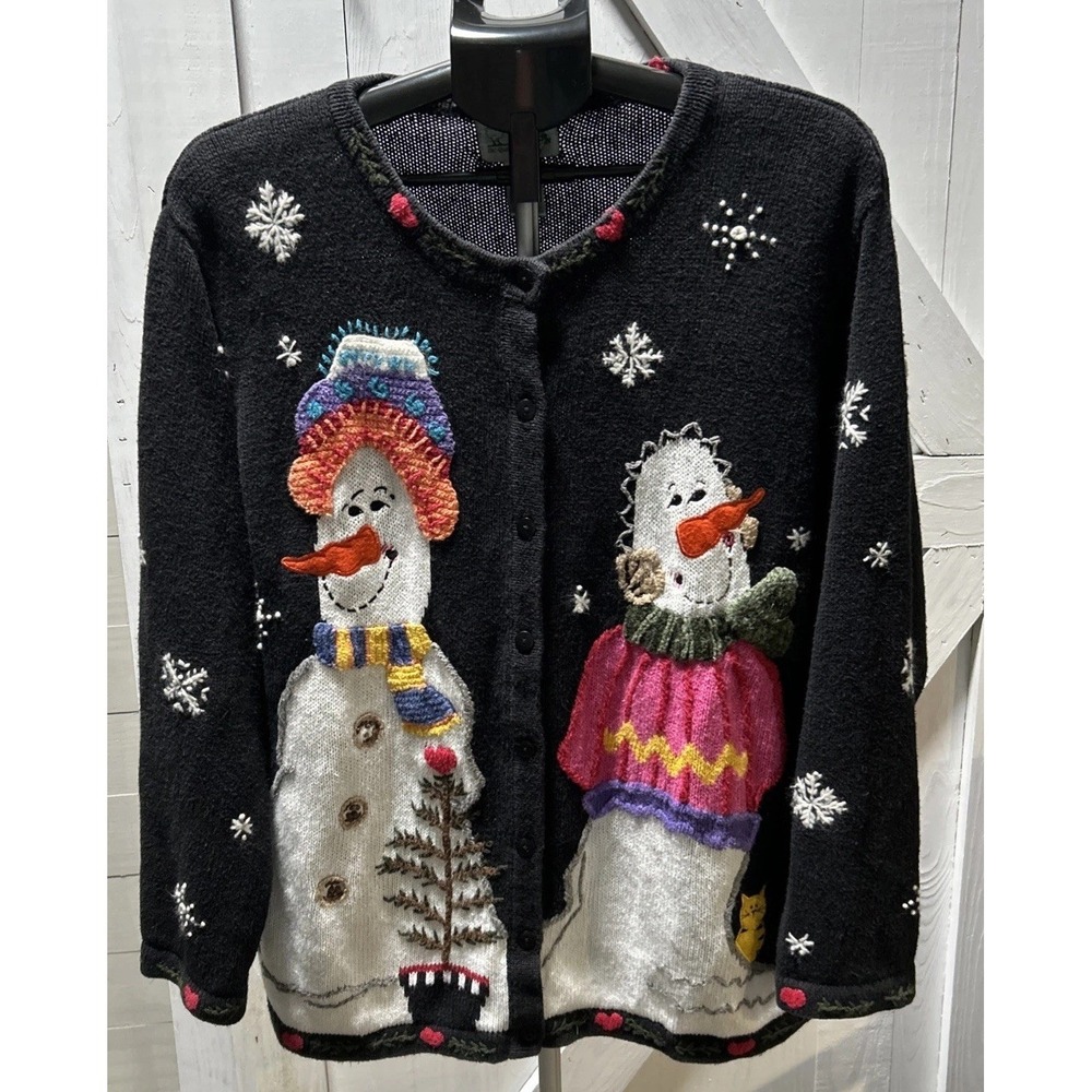 The Quacker Factory Snowman Button Up Cardigan Black Women's Size Large
